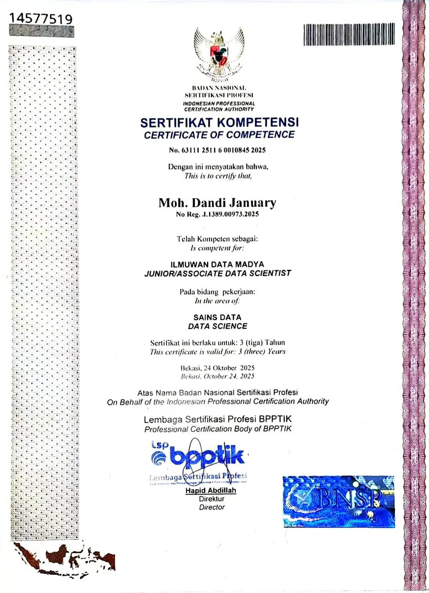 Sertifikat Junior Data Science BNSP