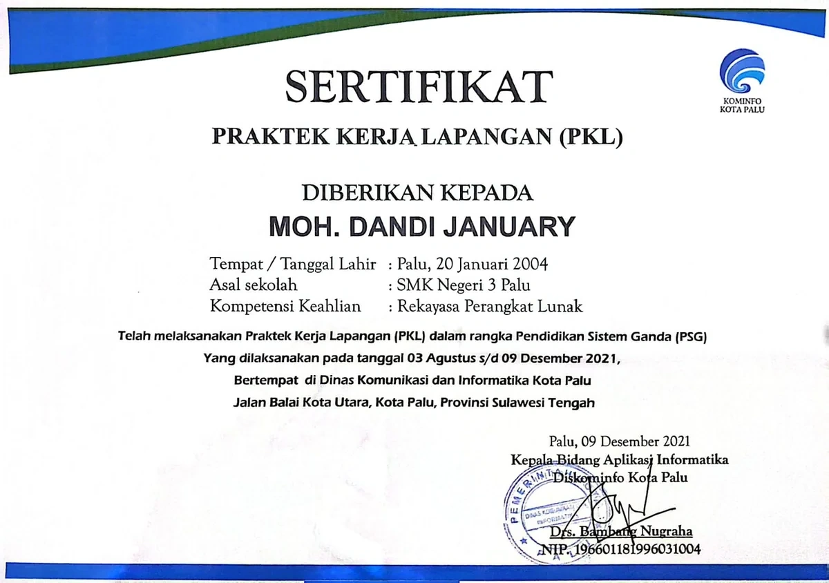 Sertifikat PKL Dinas Kominfo Palu