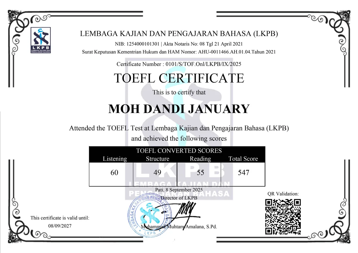 Sertifikat TOEFL Skor 547