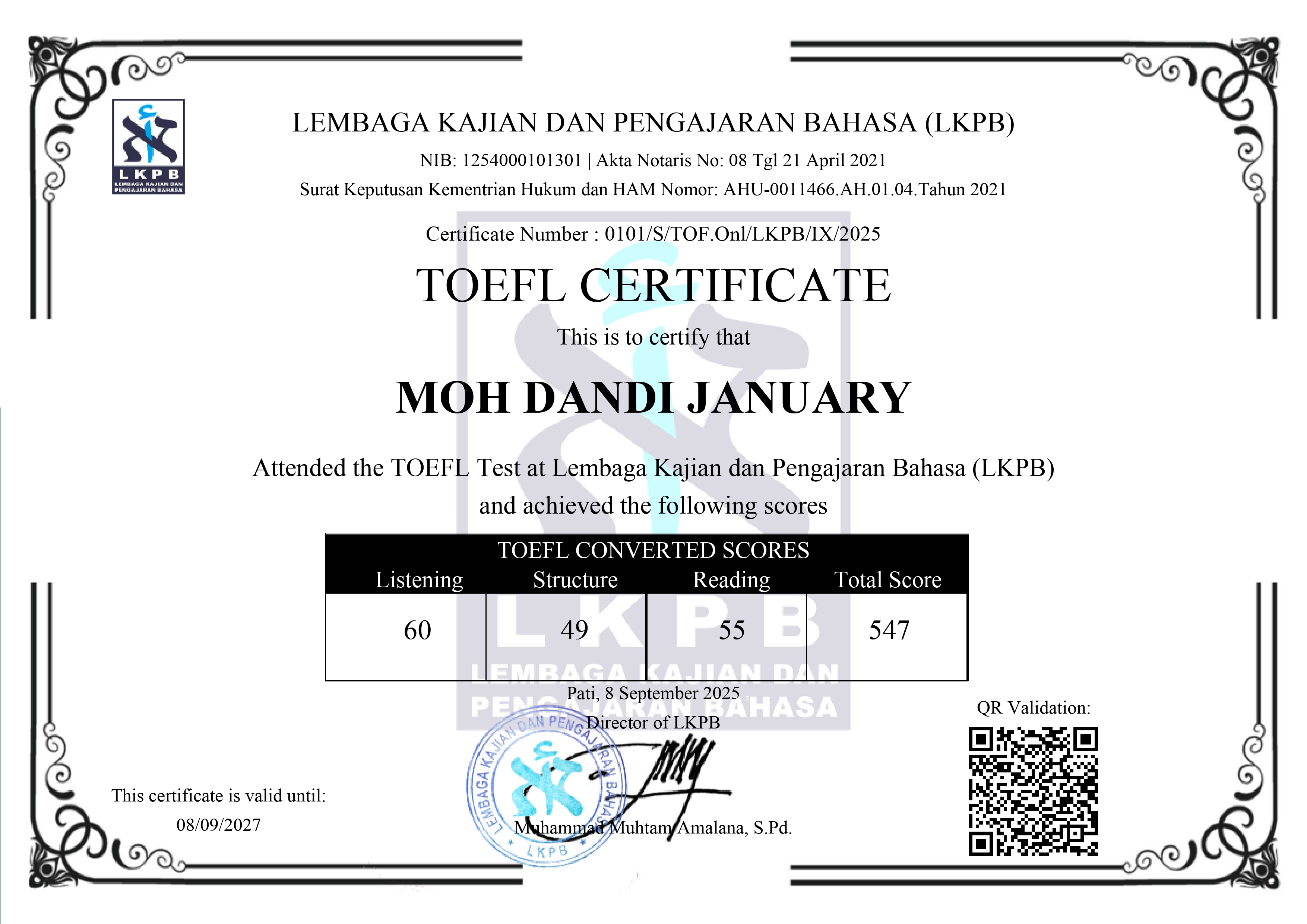 TOEFL Certificate